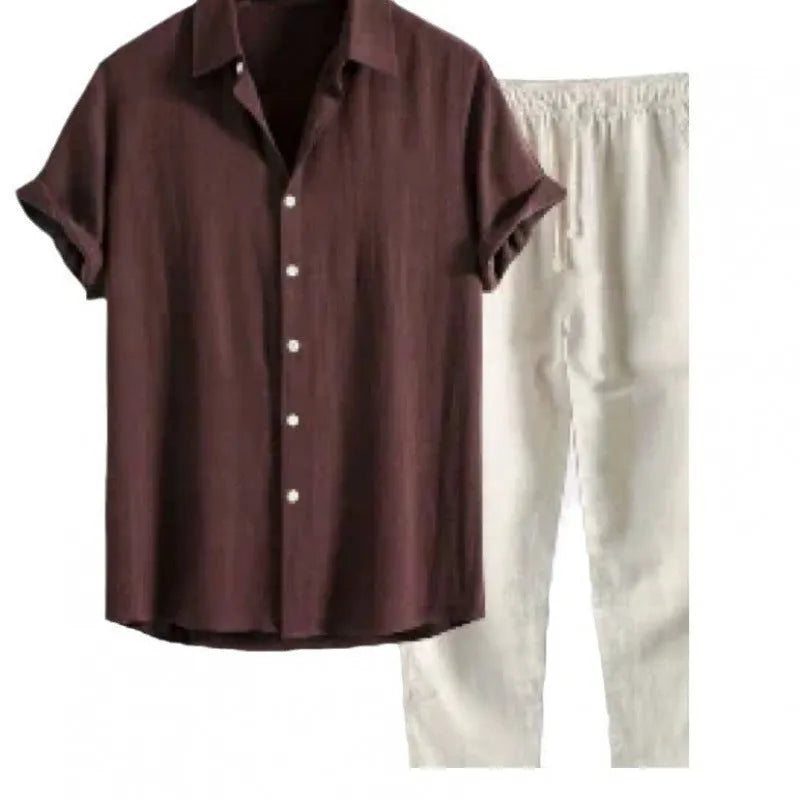 Men's loose fit casual suit with short sleeve shirt and trousers in linen-look polyester fabric