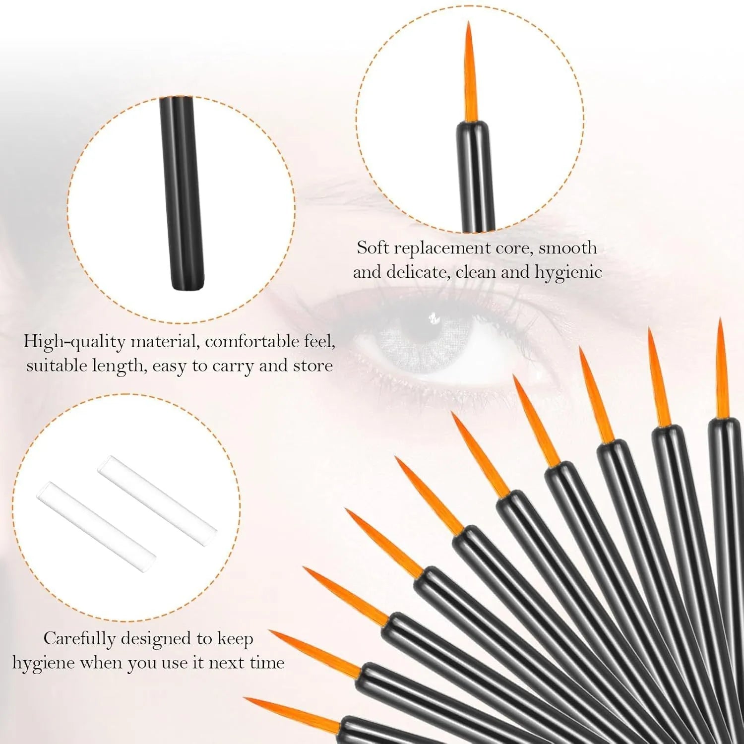 Pack of 100 black disposable eyeliner brushes with fine points and plastic sleeves.