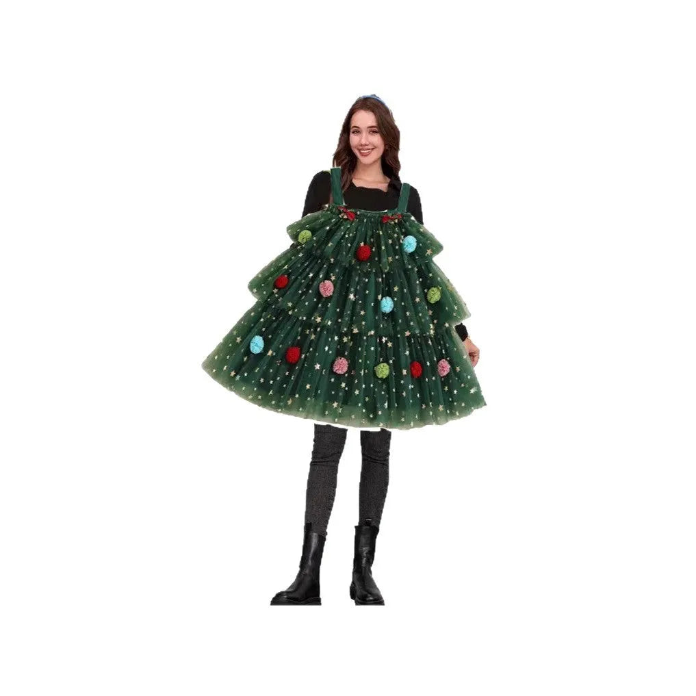 Green mesh polka dot suspender dress with multi-layer tiered skirt for festive occasions