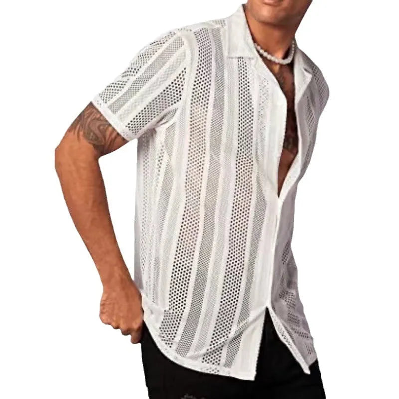 Men's black knitted short-sleeved button shirt with jacquard texture and cardigan style