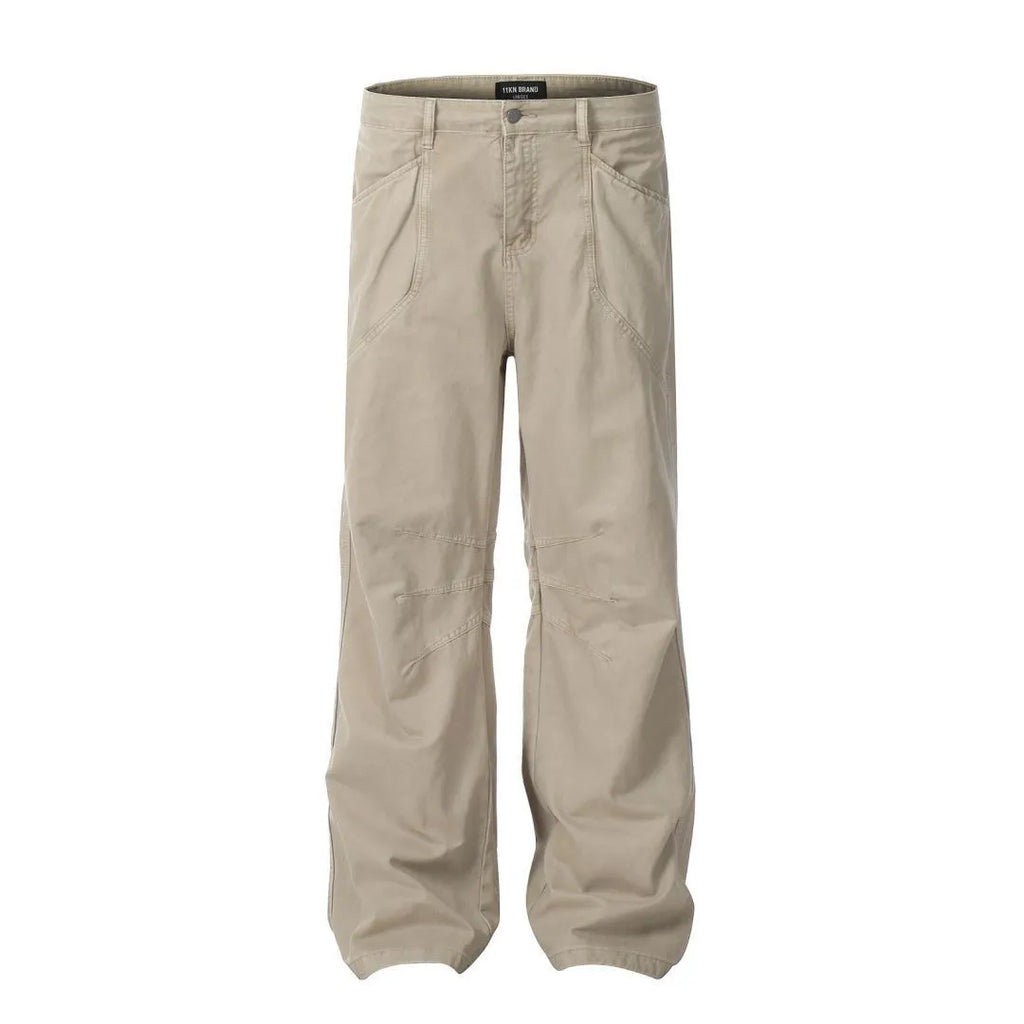 Men's brown straight-leg cotton trousers with loose fit and high-waist design