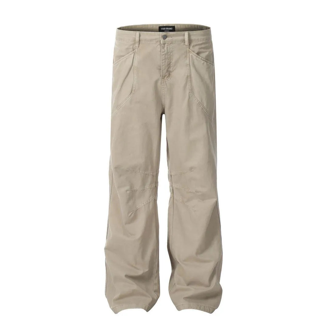 Men's brown straight-leg cotton trousers with loose fit and high-waist design