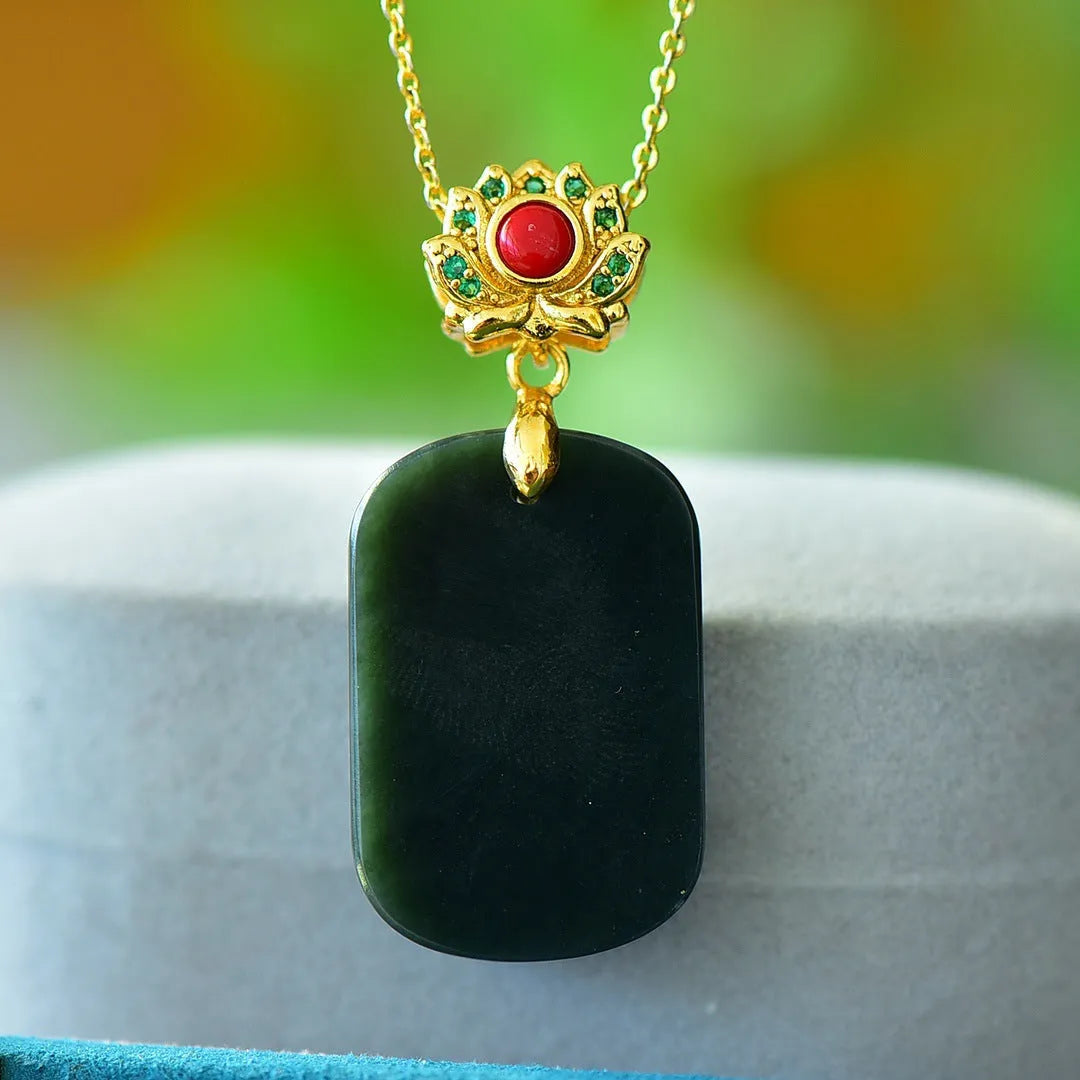 Flat Hetian grey jade pendant with copper inlay on necklace chain