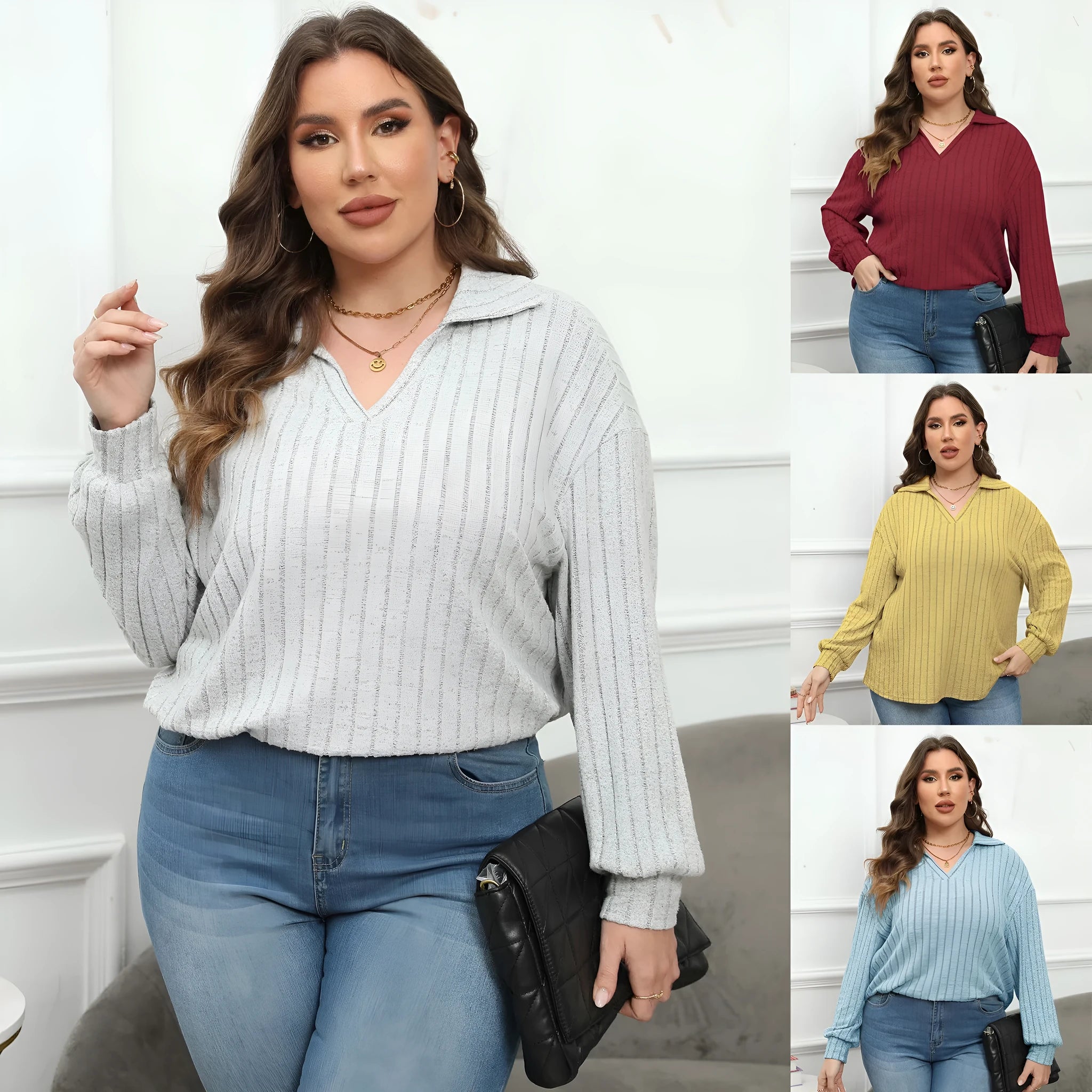 Women's plus size gray polo collar pullover with lantern sleeves in Gothic street fashion style