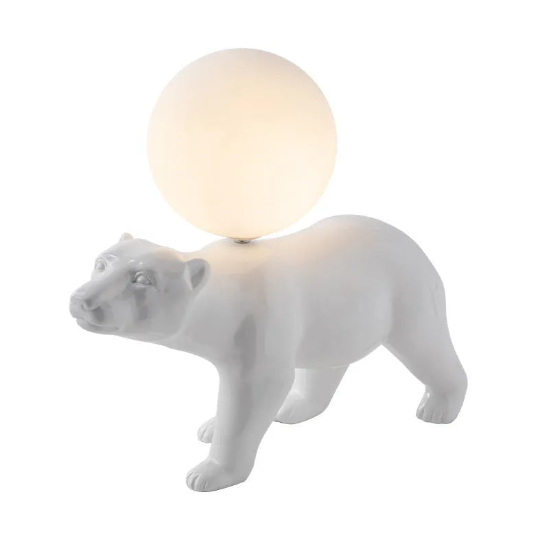 Modern Nordic style white bear table lamp in sitting posture on bedside table