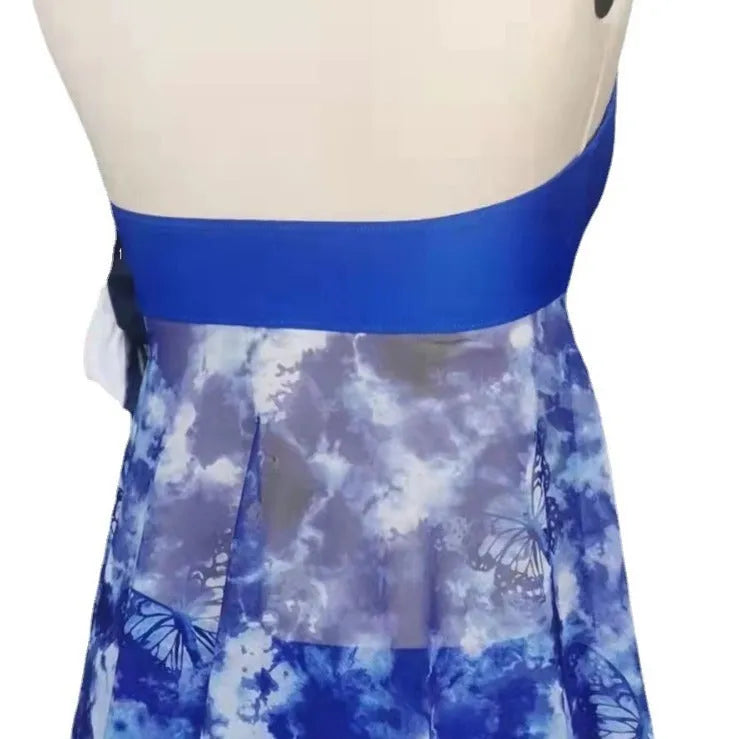 Blue women's bikini swimsuit with brief-style bottoms on a mannequin.