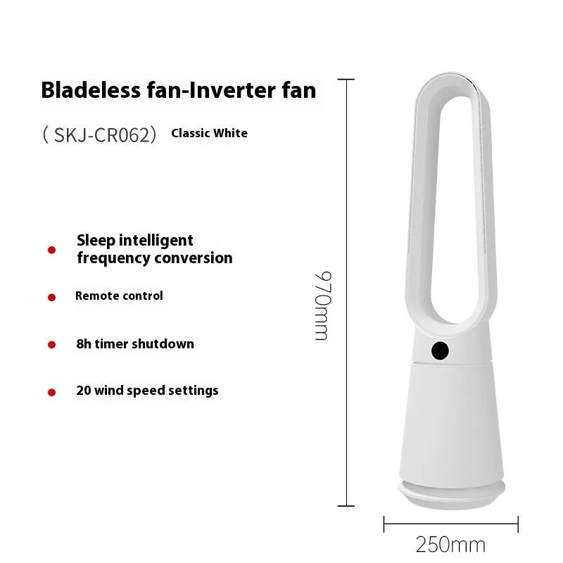 White bladeless tower fan with remote control and touch screen buttons