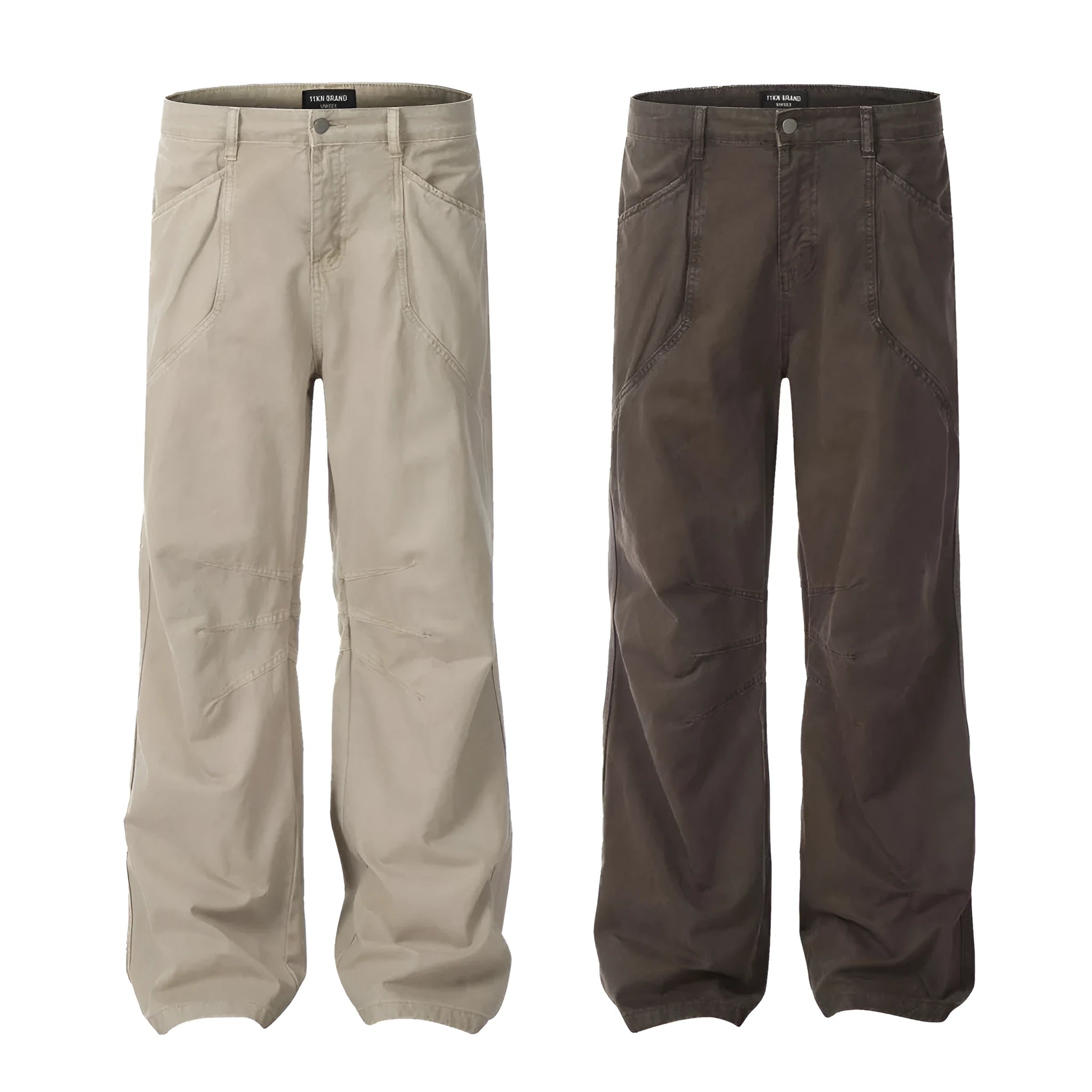 Men's brown straight-leg cotton trousers with loose fit and high-waist design