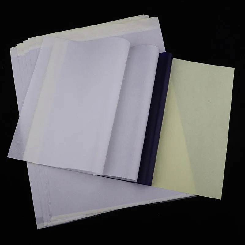 Pack of A4 quadruple copy tattoo transfer paper sheets and transfer paste gel for stencil creation.