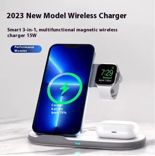 Foldable 3-in-1 magnetic wireless charger 15W in black on a desk