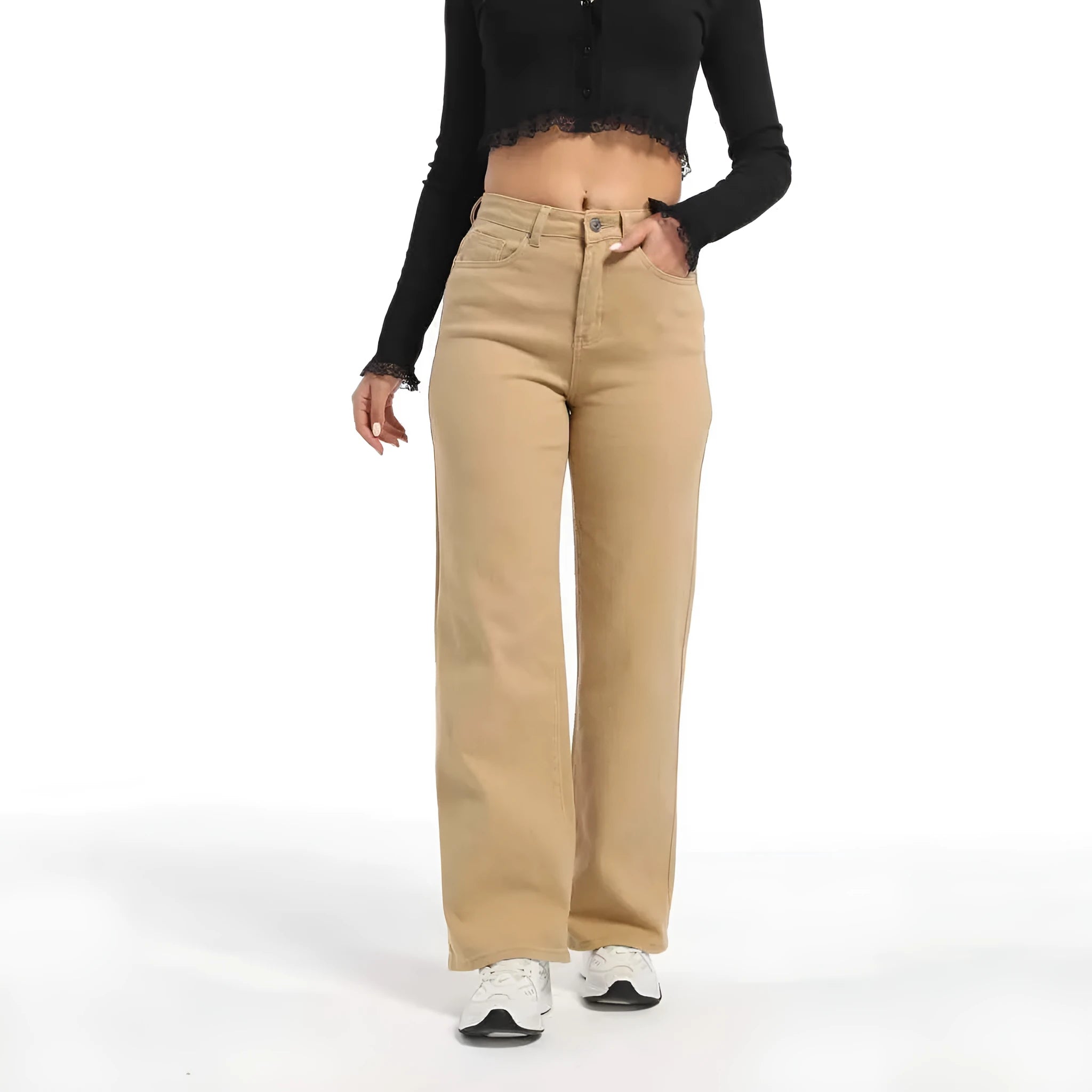 Women's straight leg jeans in wide leg style with high waist in apricot colour