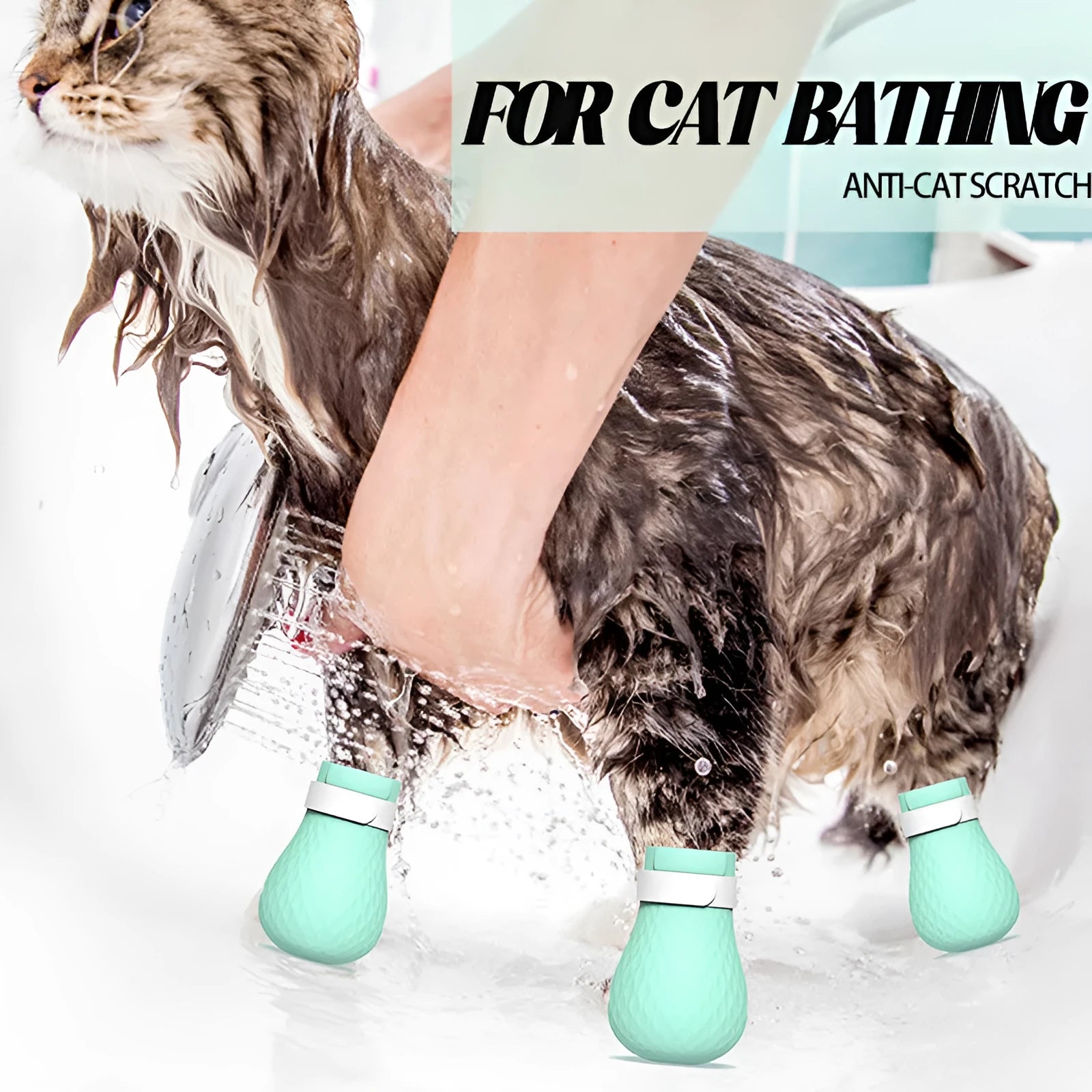 Green silicone cat paw covers with straps for scratch protection during washing and medical procedures