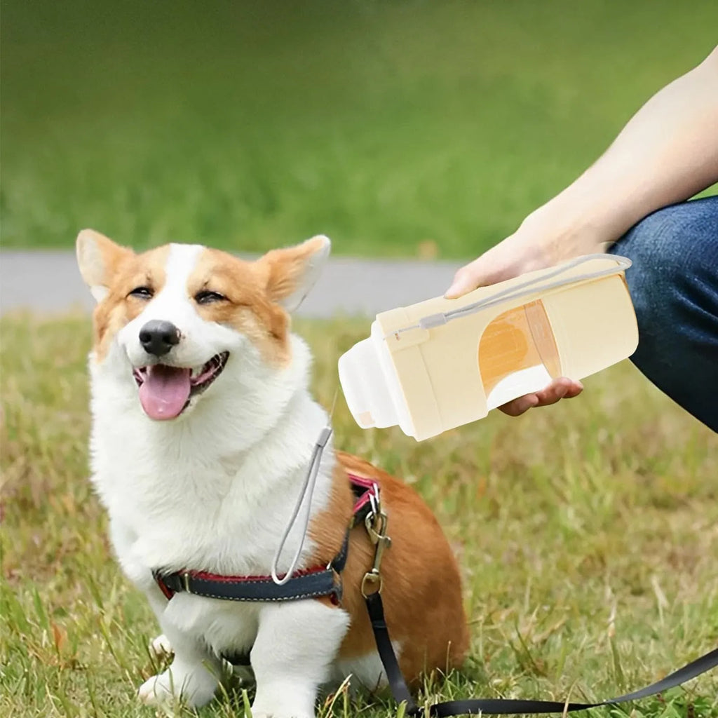 Green portable pet water bottle and food feeder with attached lanyard, showing transparent cup design.