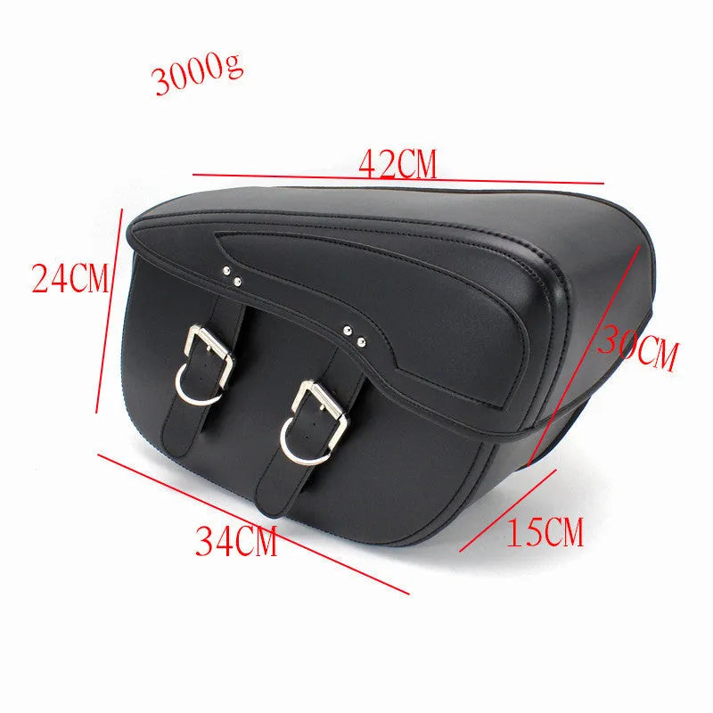 Motorcycle side box saddle bag in black PU leather with retro wind design showing dimensions