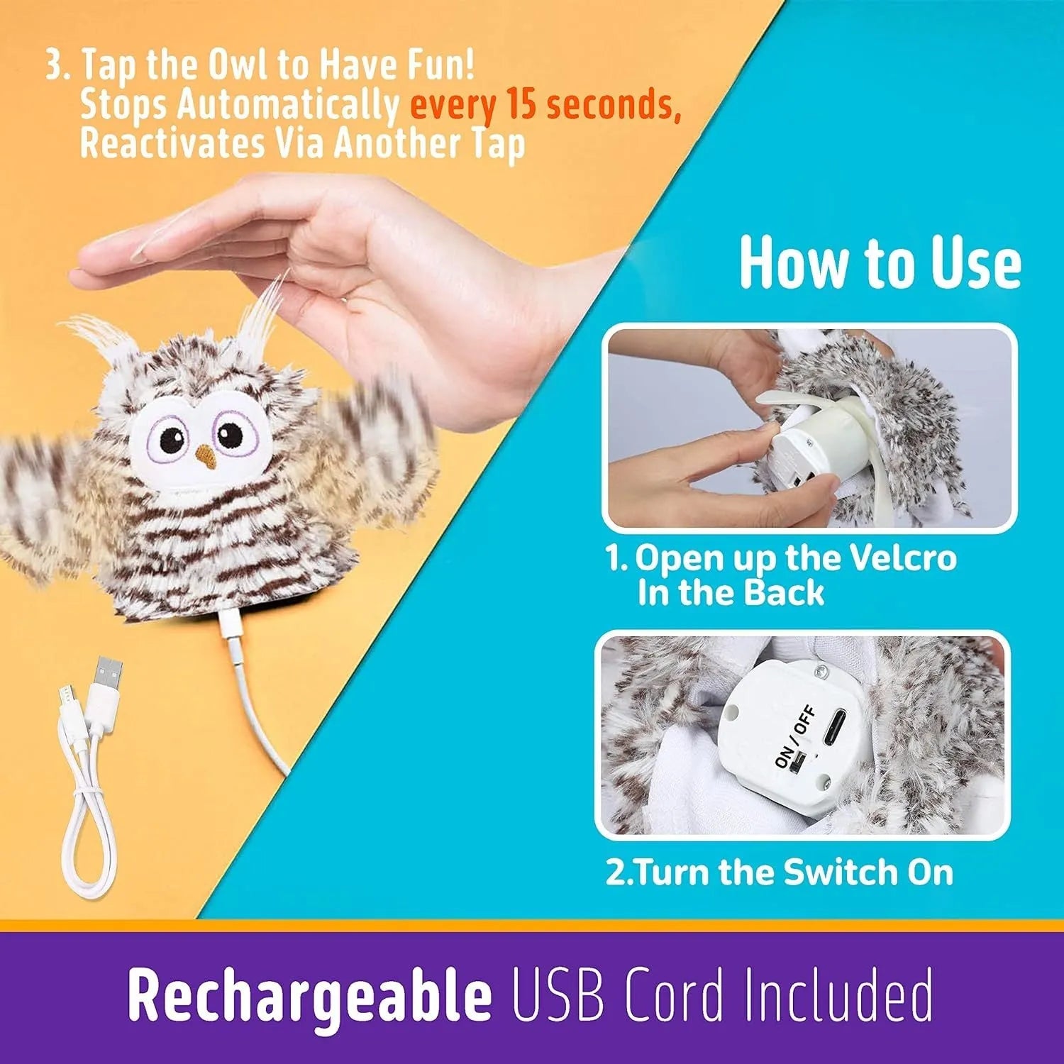 Grey automatic chirping owl cat toy with flapping wings for indoor cats