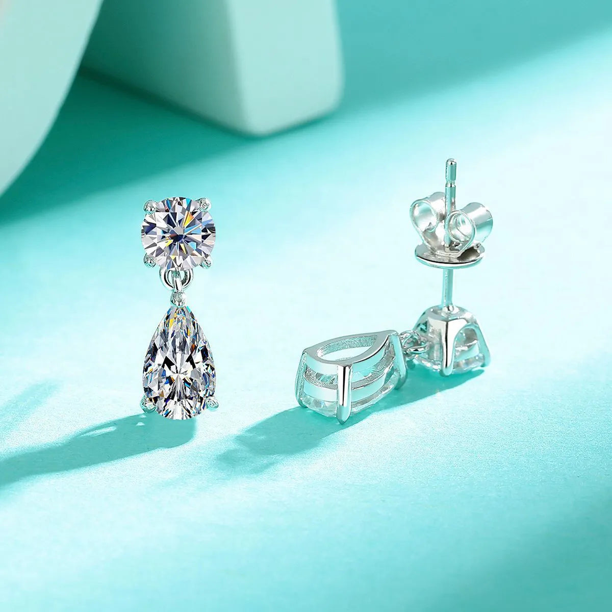 925 sterling silver water drop moissanite stud earrings with round and geometric stones