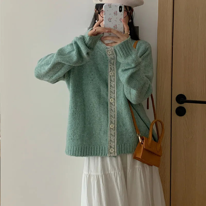 Korean-style loose knitwear cardigan in viscose fibre available in apricot, green, pink, and light grey colours