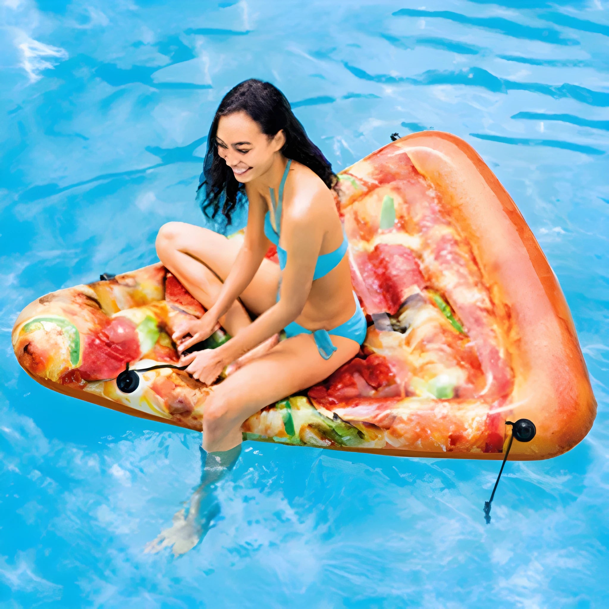 Pizza themed inflatable surfboard recliner floating on water with dimensions 175cm x 145cm