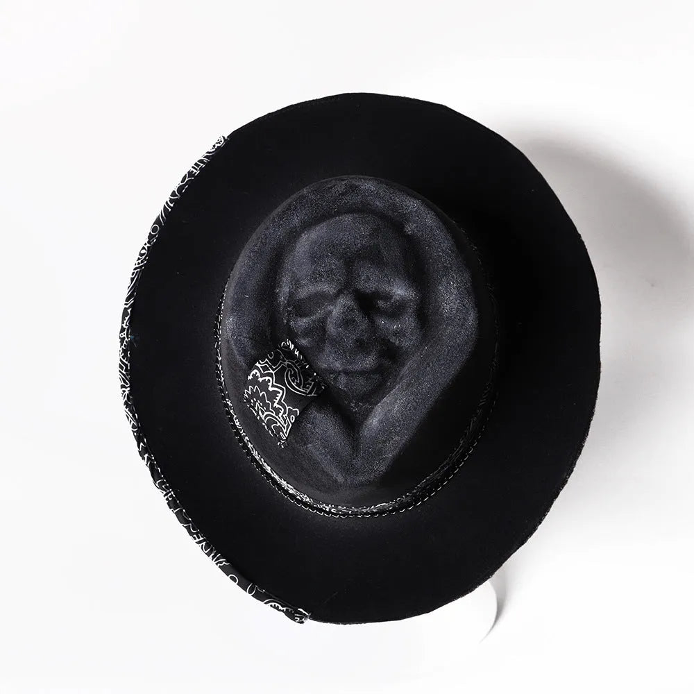 Handmade wool felt conical crown skull hat in denim style for Halloween