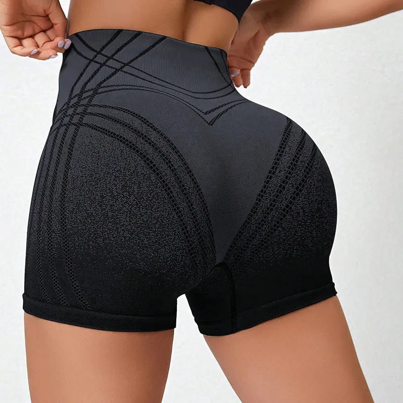 Women's high waisted gradient fitness shorts in black or brown, sized XS to L.