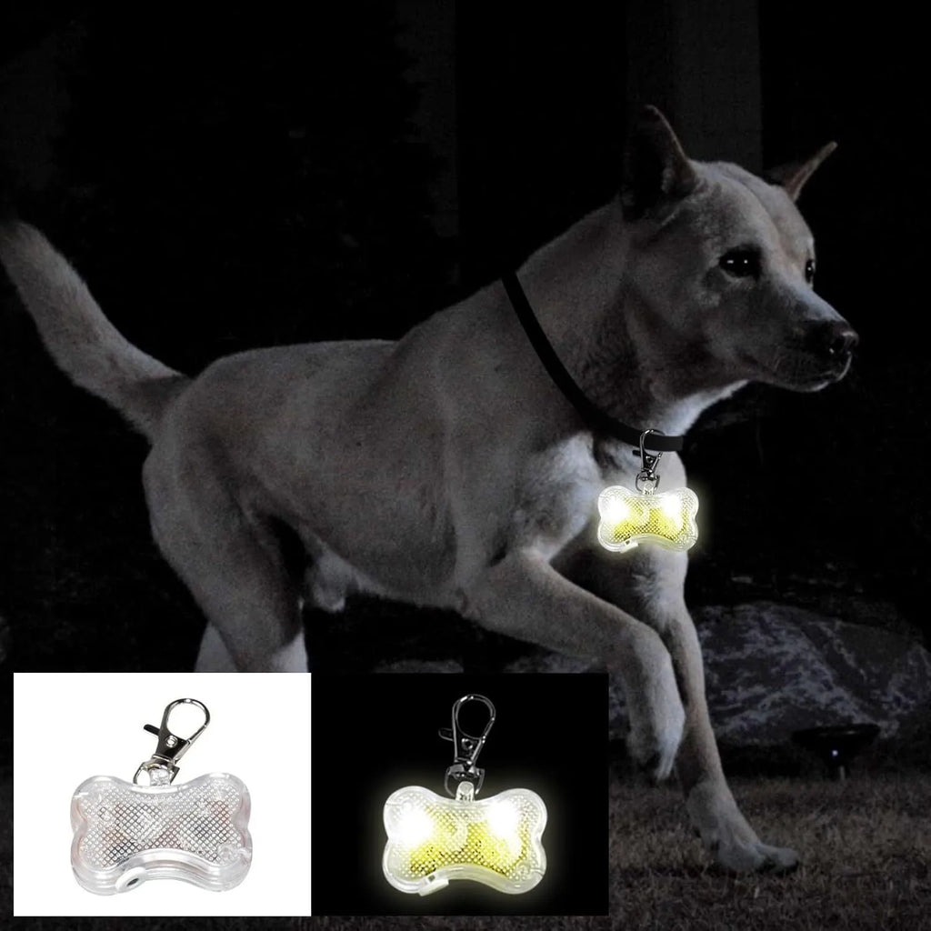 Bone-shaped LED luminous pendant for pet collars in multiple colours showing three light modes.