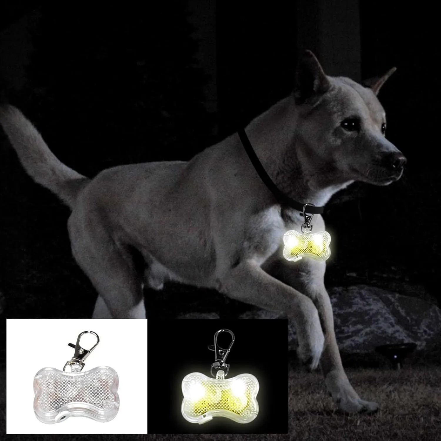 Bone-shaped LED luminous pendant for pet collars in multiple colours showing three light modes.