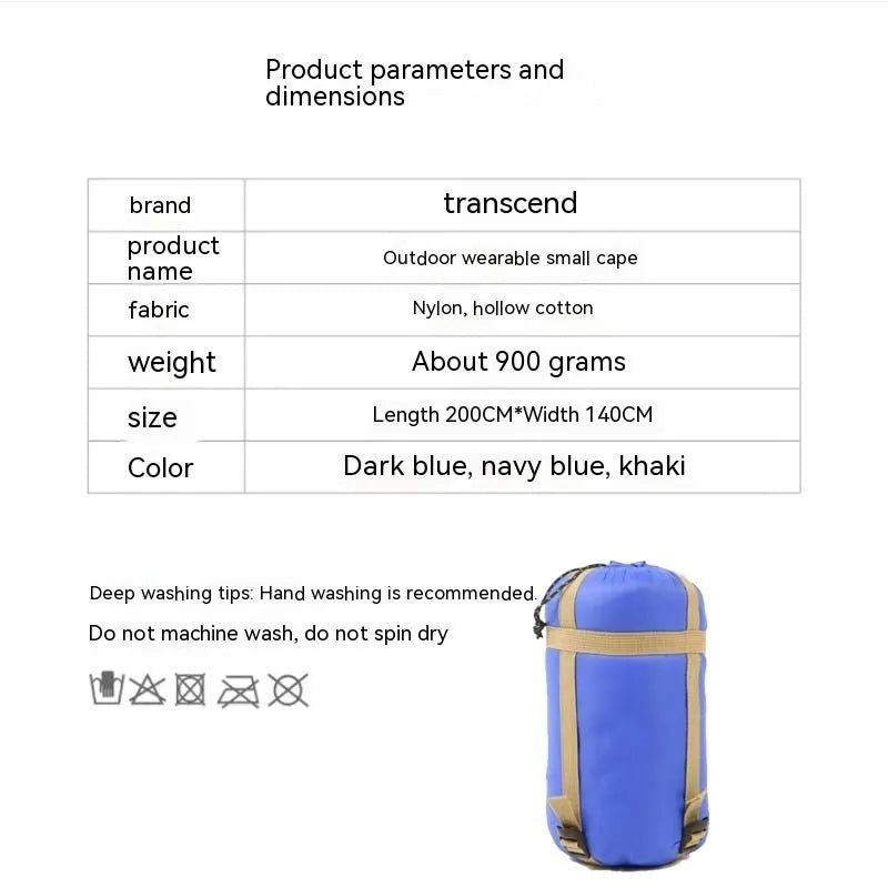 Adult-sized outdoor wearable sleeping bag cloak in Army Green colour showing convertible design