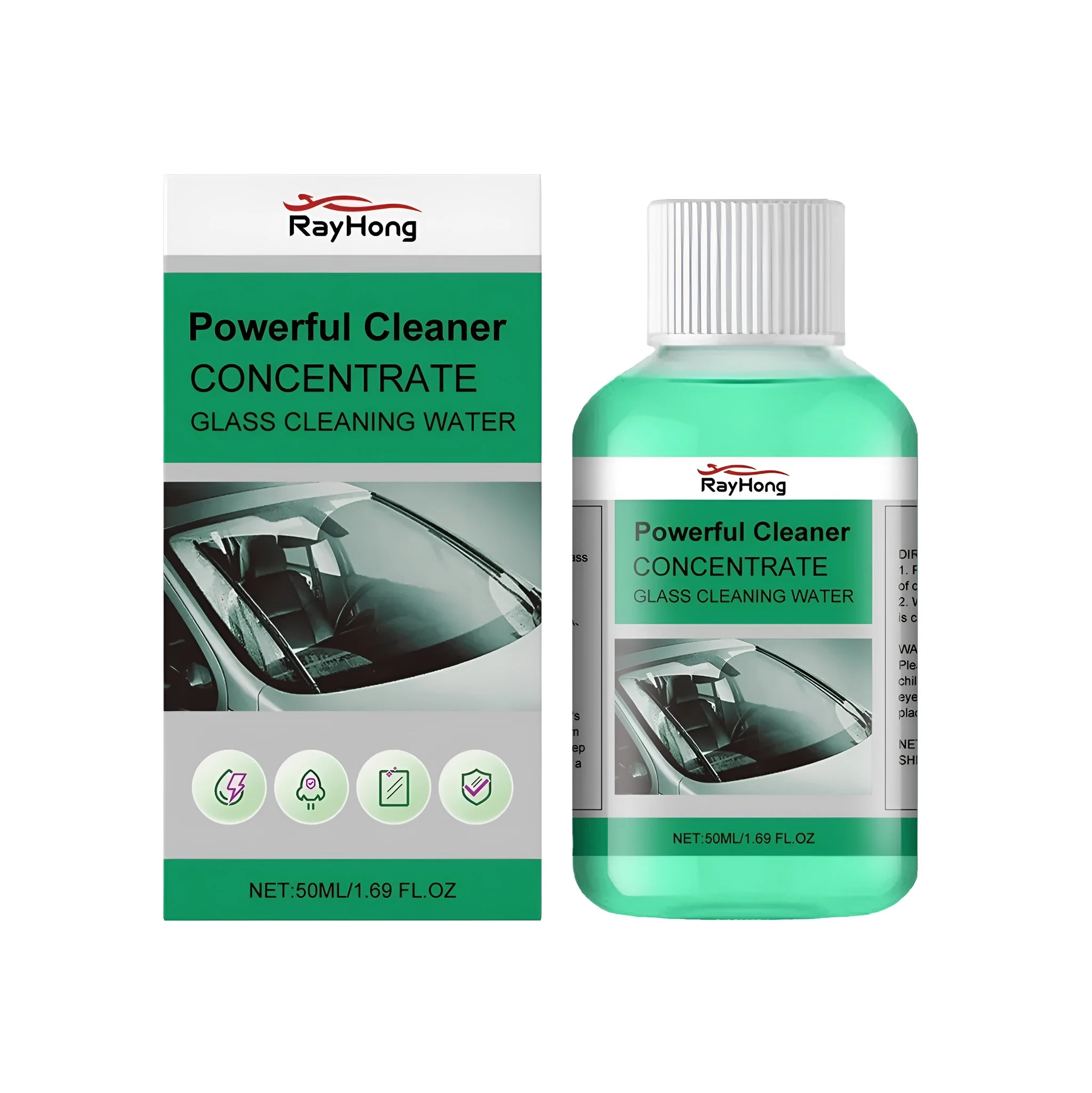 Compact 50ml automotive oil film cleaner bottle in a car interior, dimensions 3.7x3.7x7.5cm