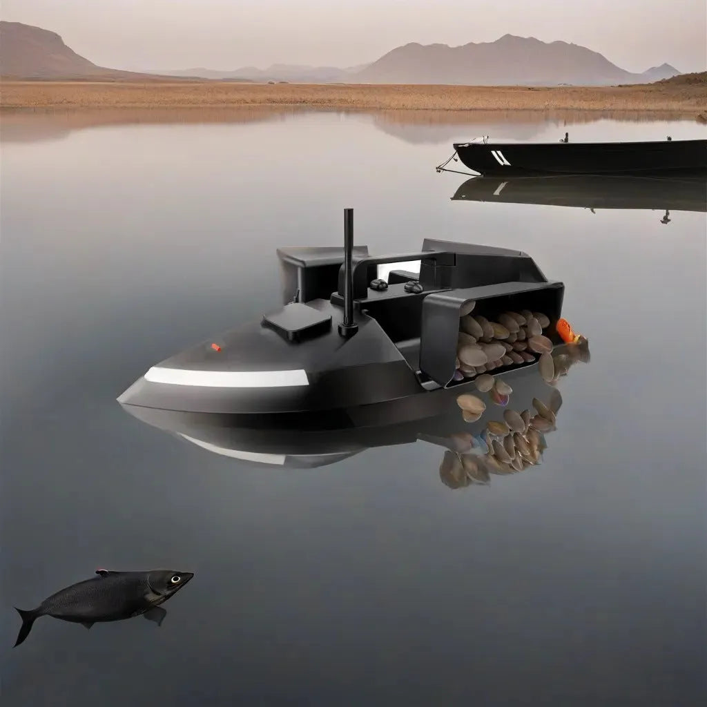 Black remote control GPS fishing boat with antenna and bait container on 49cm hull