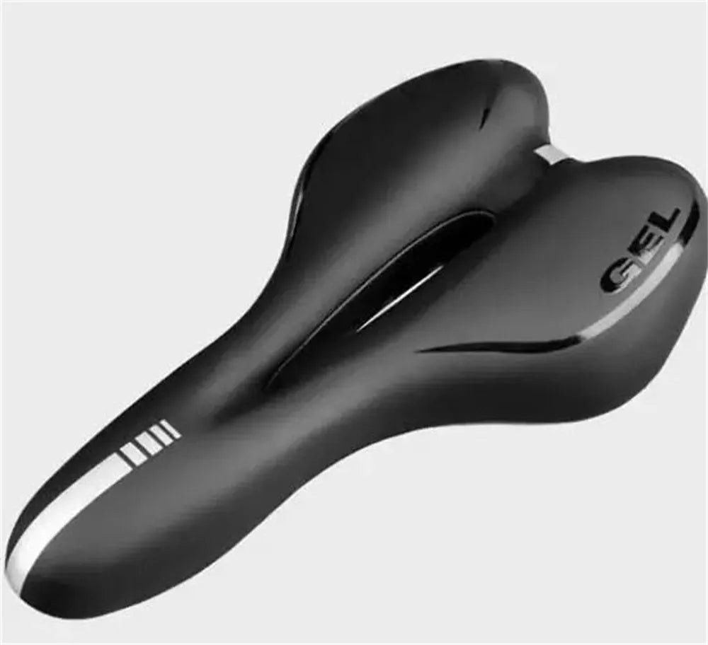 Bicycle saddle cushion with silicone padding, PU leather cover, and included waterproof cover and repair tools