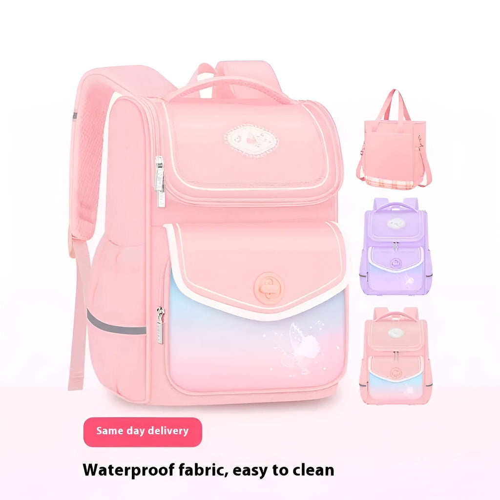 Pink girls schoolbag for primary school with large capacity and waterproof Oxford cloth.