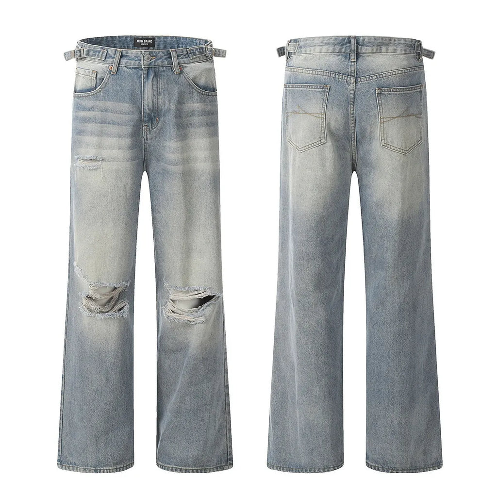 Blue straight-leg men's jeans with retro ripped detailing on cotton blend fabric