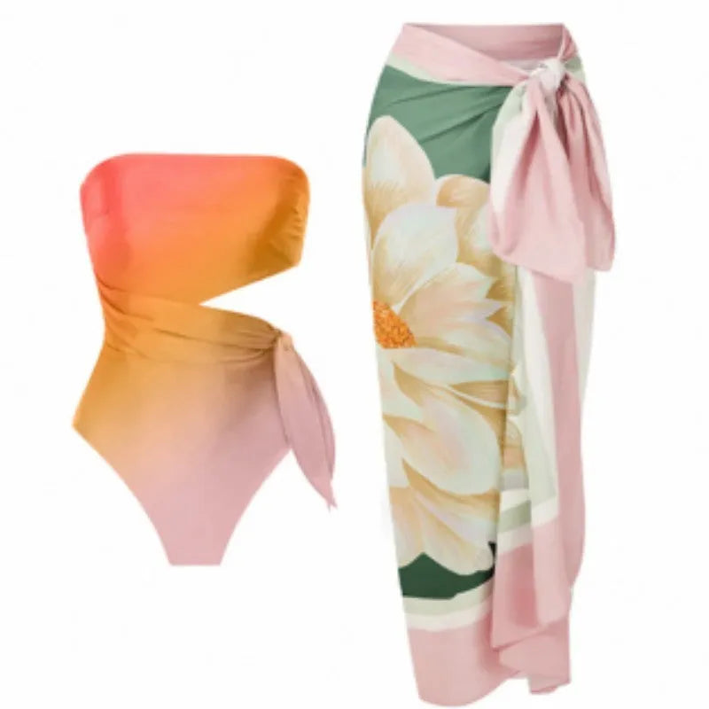 Women's retro printed one-piece swimsuit in French style with quick-dry polyester fabric