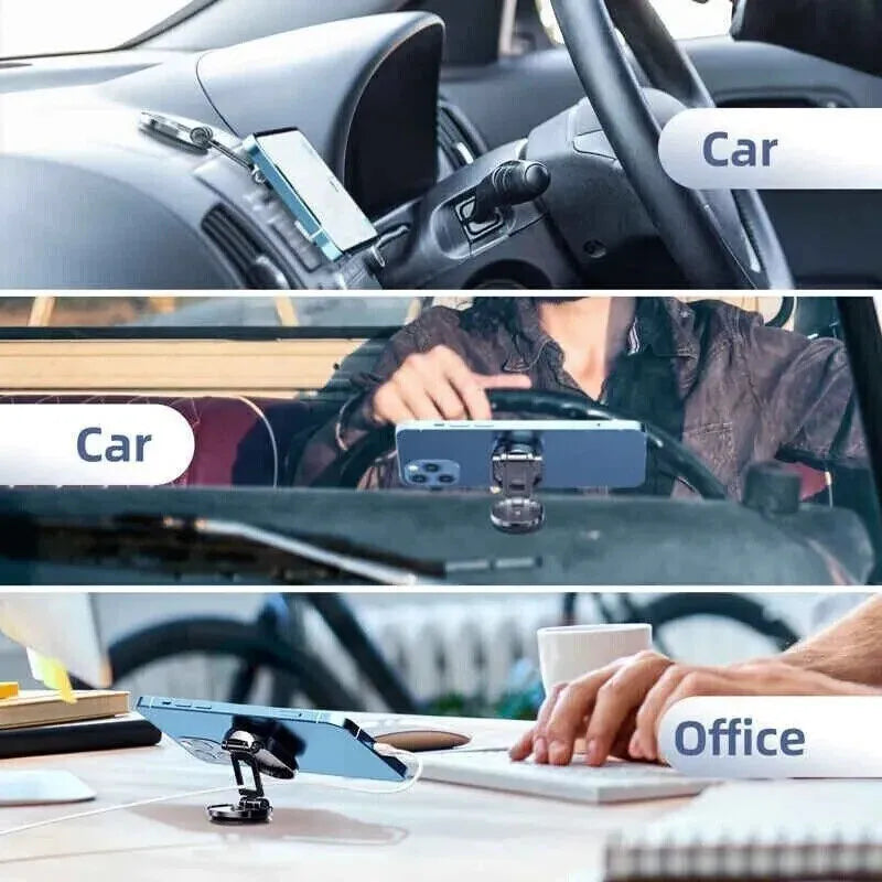 Chrome alloy folding magnetic car phone holder showing extended and folded positions on dashboard