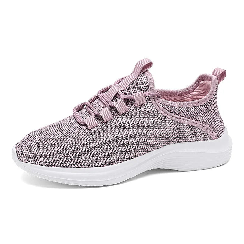 Women's Flyknit mesh casual sneakers in black, pink, or grey with round toe and lace-up front