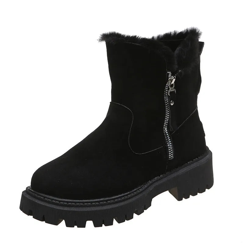 Women's black thick plush snow boots with side zipper and high top design.