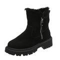 Women's black thick plush snow boots with side zipper and high top design.