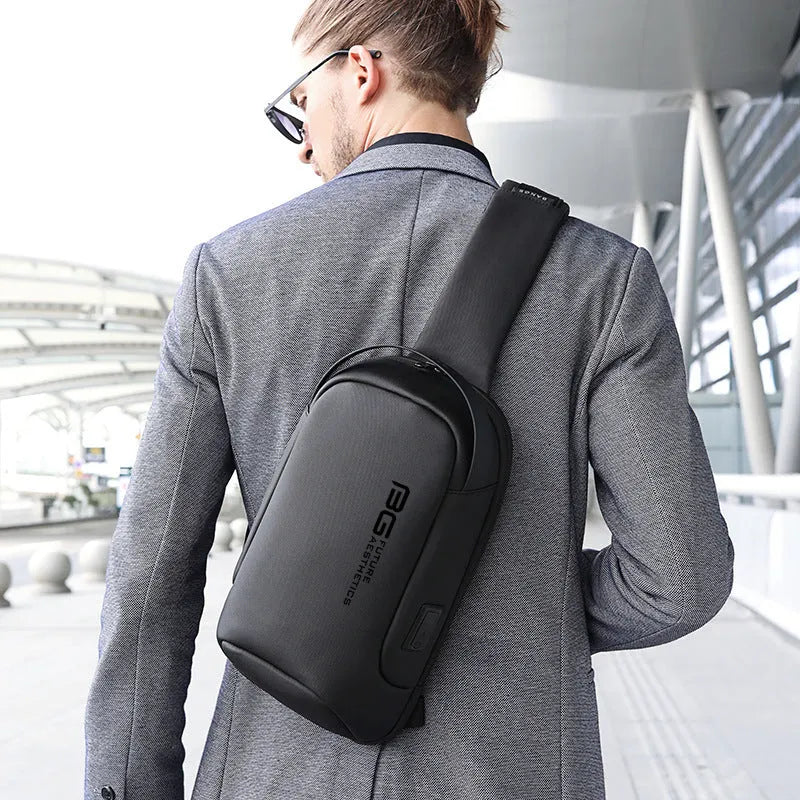 Men's blue Oxford cloth shoulder bag with USB charging port for business travel