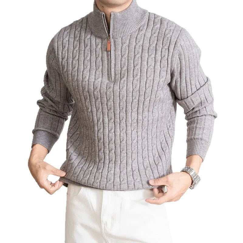 Men's solid colour half-height zip twisted sweater in oatmeal, long sleeves, cotton blend