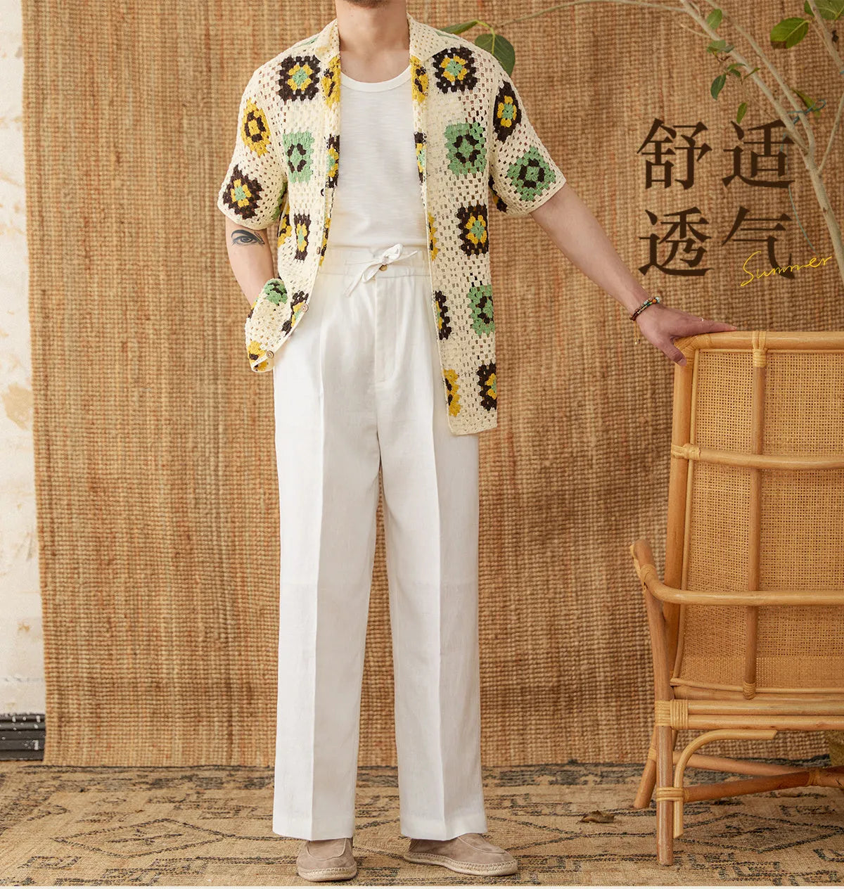 Women's straight-leg linen trousers in greige with an elasticated high waistband.
