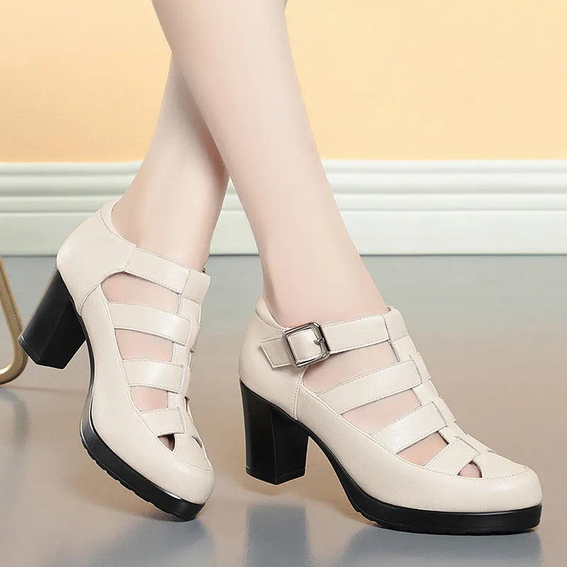 Women's beige closed toe sandals with chunky heel, woven hollowed design, and ankle-strap buckle