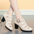 Women's beige closed toe sandals with chunky heel, woven hollowed design, and ankle-strap buckle