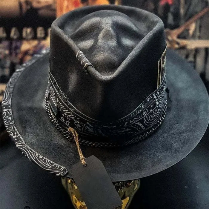 Handmade wool felt conical crown skull hat in denim style for Halloween