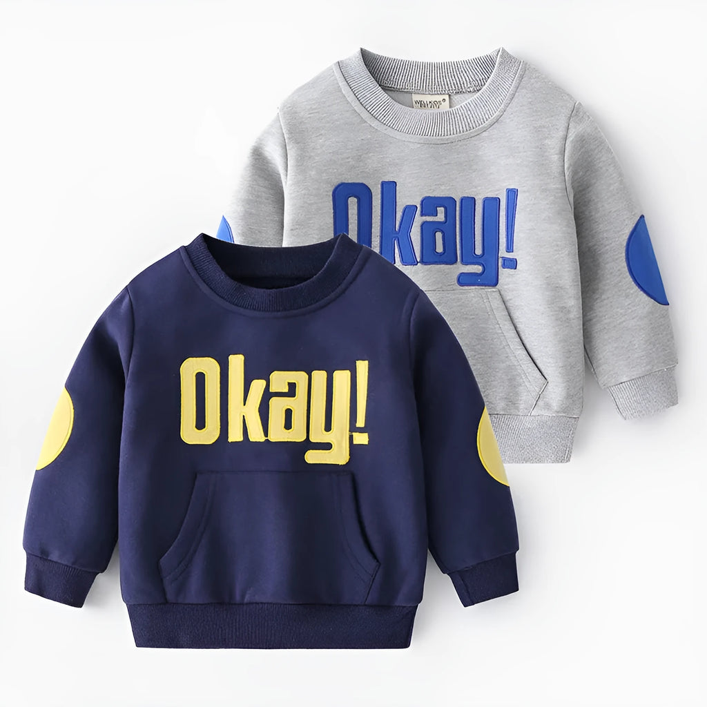 Boys casual cotton sweatshirt with English letter print, round neck, long sleeves, in navy blue, size 110cm