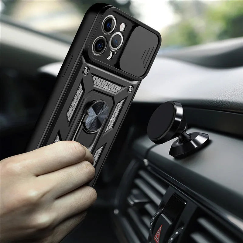 Sergeant sliding window mobile phone case with magnetic bracket in multiple colour options for iPhone devices
