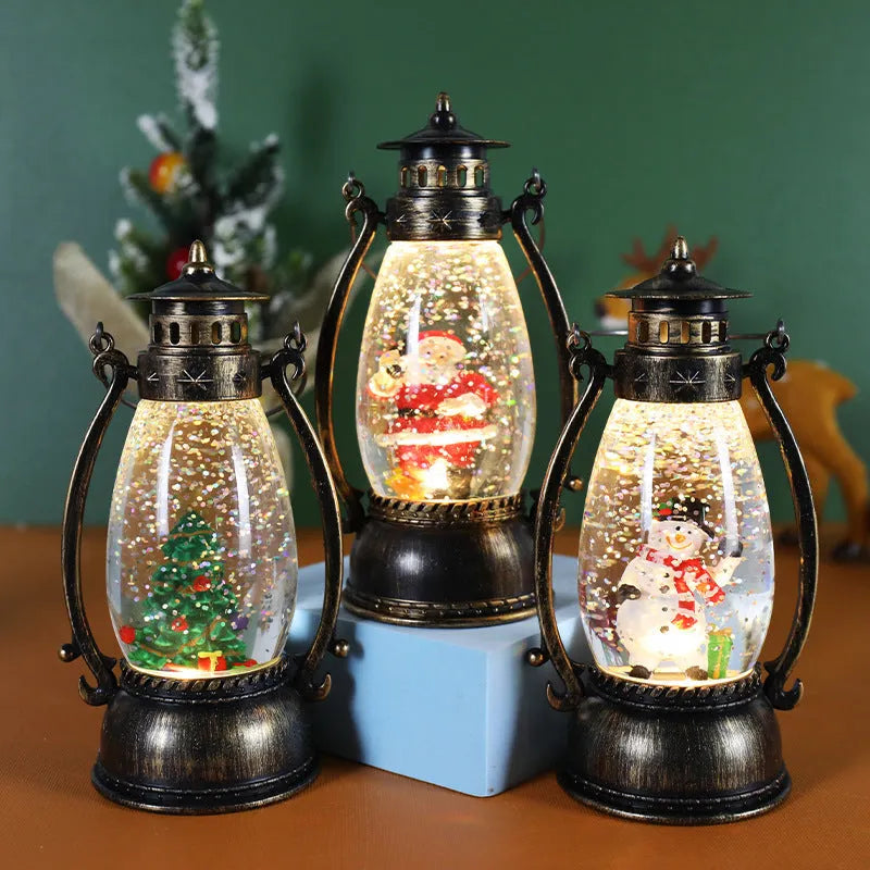 LED light-up crystal ball oil lamp Christmas ornament showing snowman or elderly figure design on a desktop.