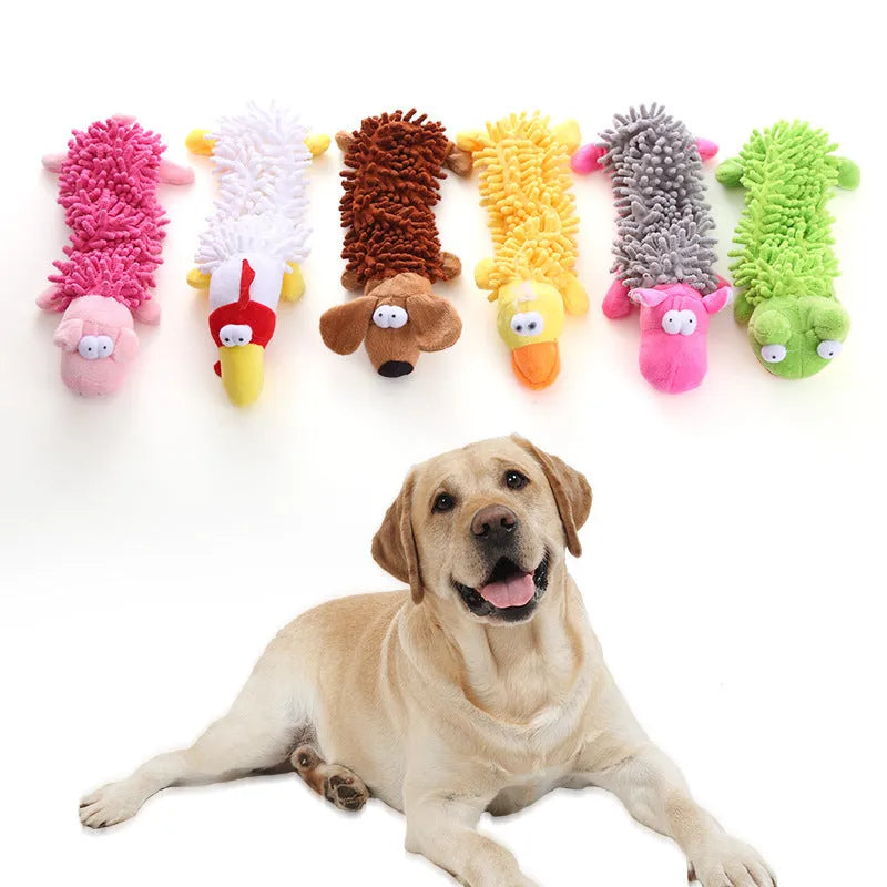 Soft brown plush dog toy shaped like a molar with animal print, alongside yellow duck and white chicken versions.