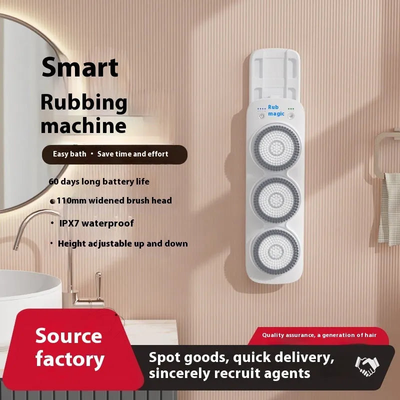 Gray electric bath rubbing machine wall-mounted with three nylon brush heads and washboard
