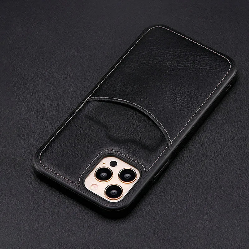 Dark blue PU leather protective case for iPhone models 7 through 14 Pro Max on a table.