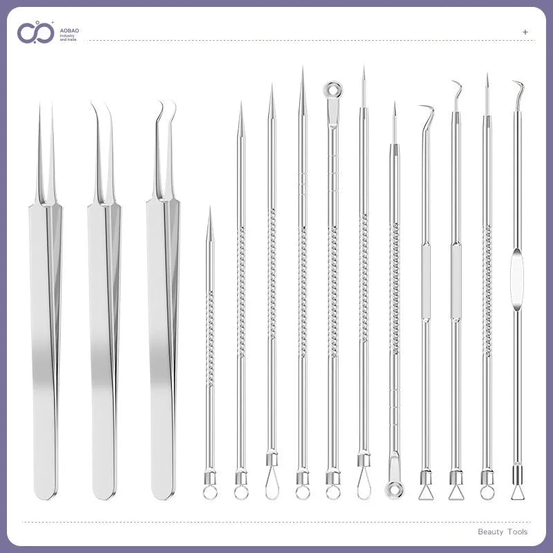 Four silver metal acne needles with pointed tips laid out on a surface.